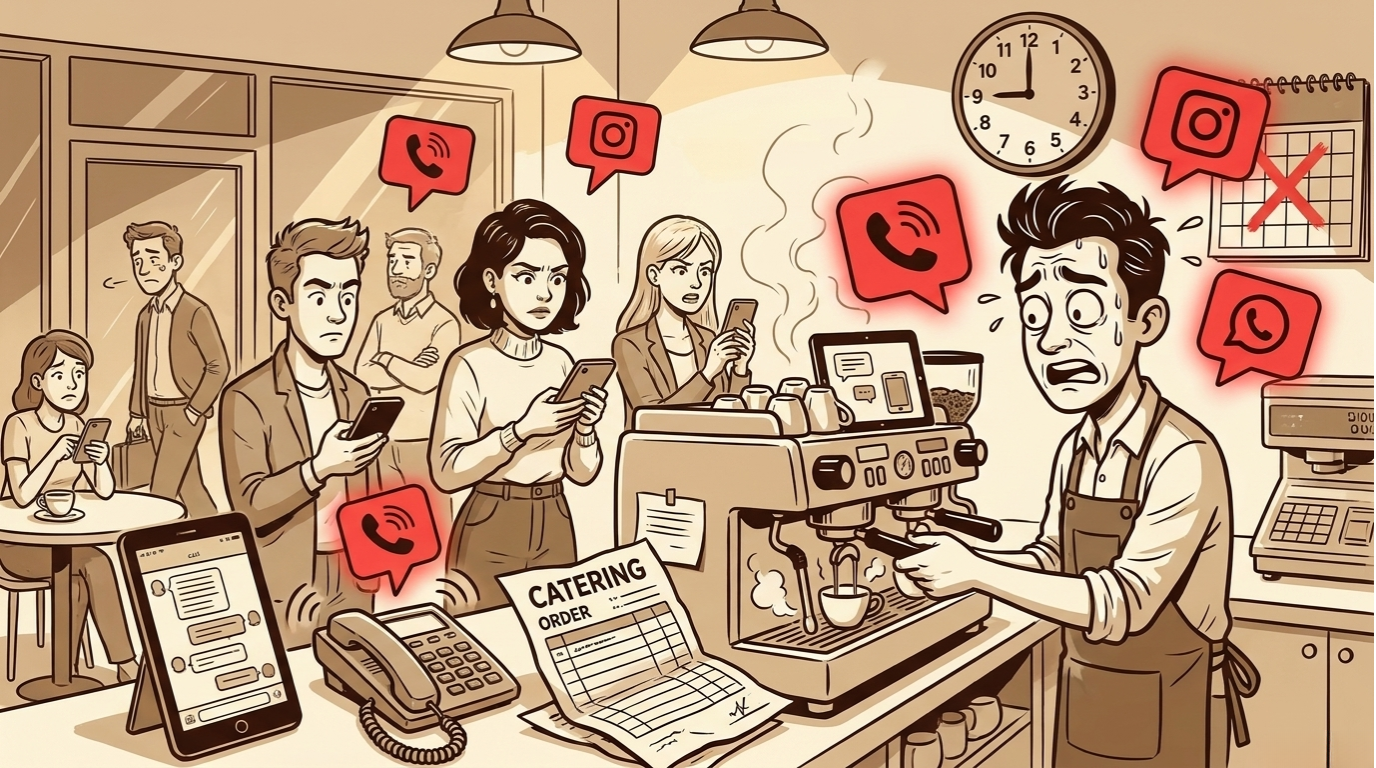 Overwhelmed cafe owner missing calls, Instagram DMs, WhatsApp messages and catering orders all at once during morning rush