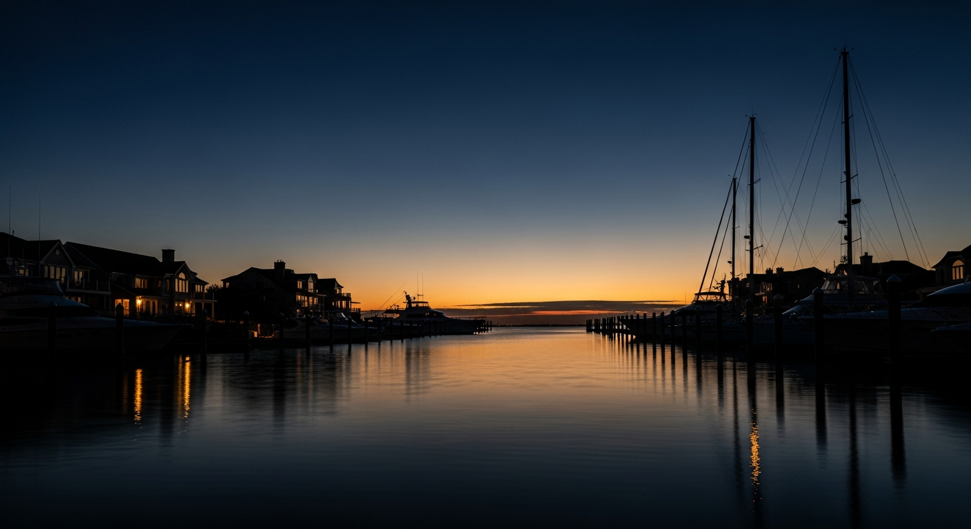 Luxury Rhode Island coastal marina at twilight