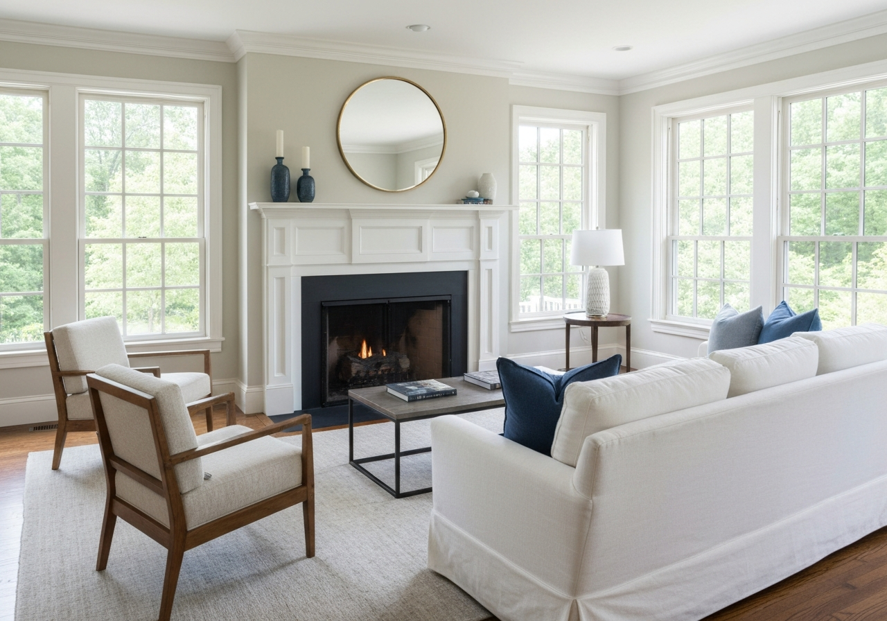 Elegant living room interior staged for a home sale in Rhode Island