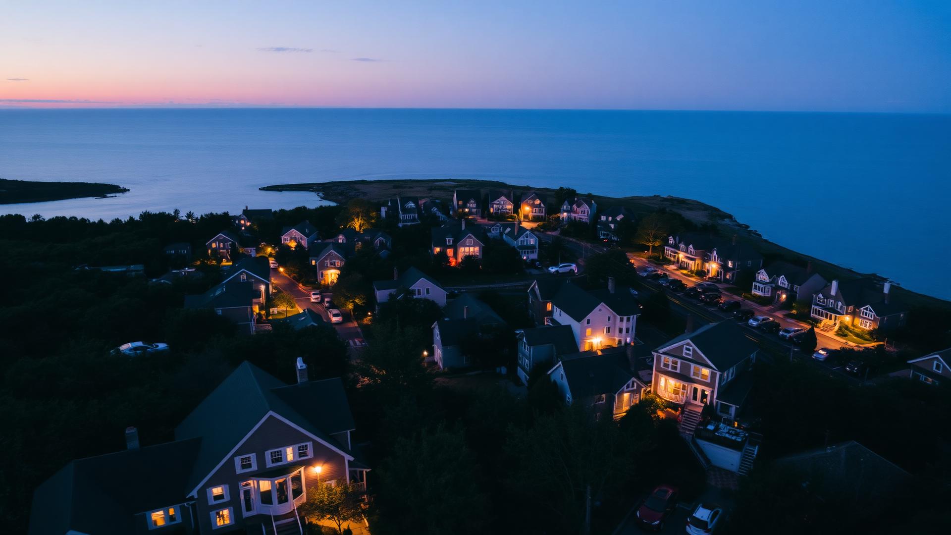 Luxury waterfront homes at night in Rhode Island