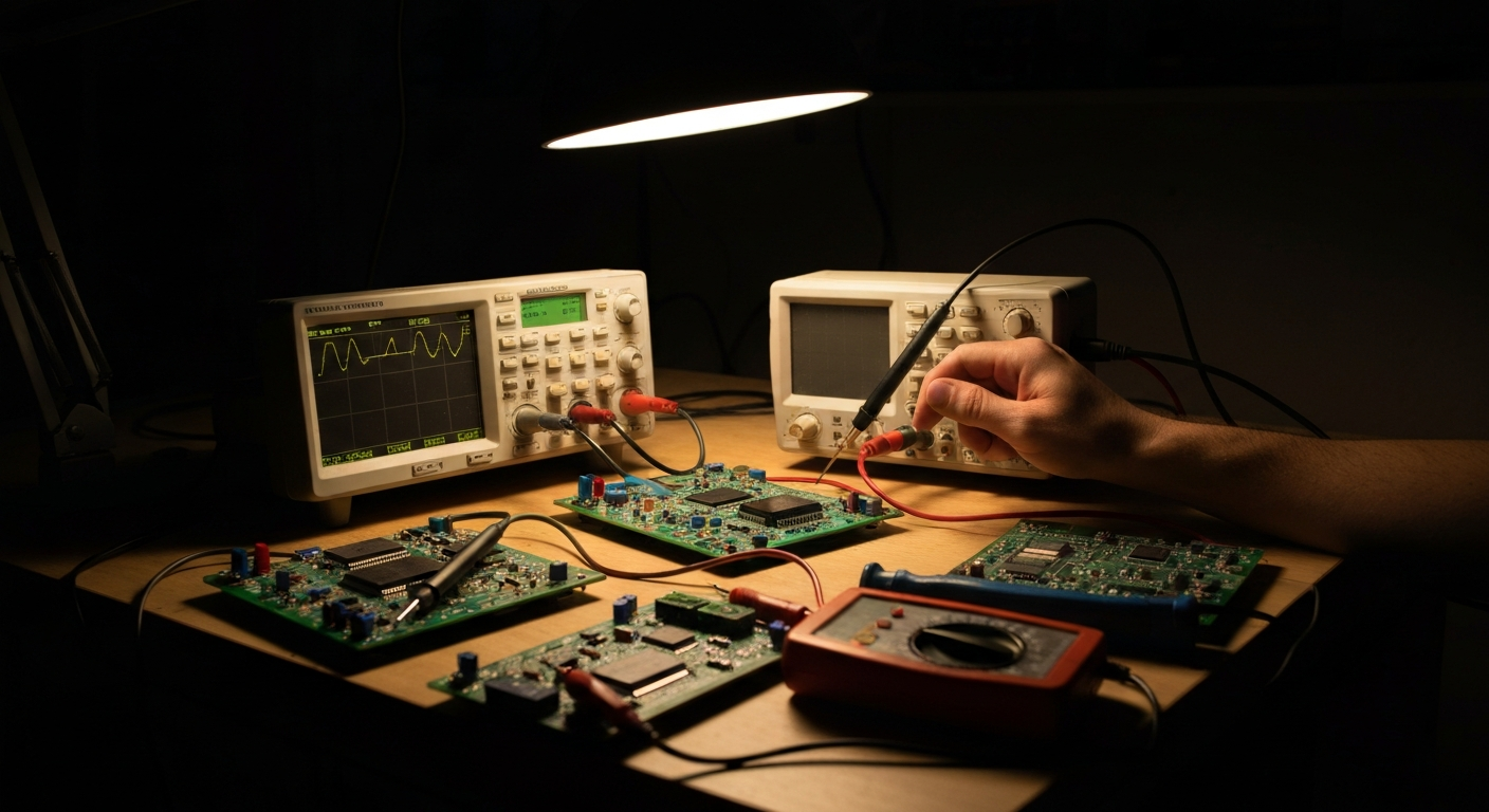 PCB diagnostics workbench with oscilloscope and circuit boards