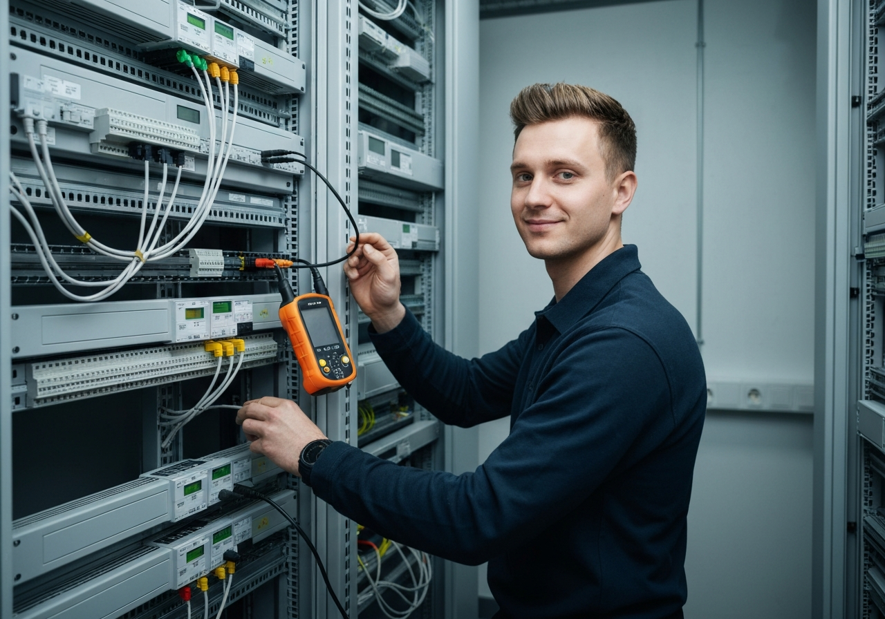 Field engineer connecting diagnostic equipment to building automation system rack