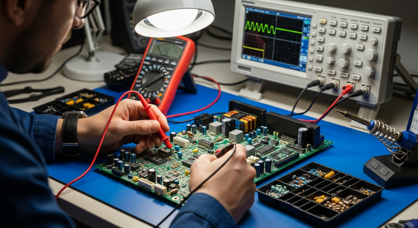 Electronics technician at PCB diagnostics bench with oscilloscope and multimeter