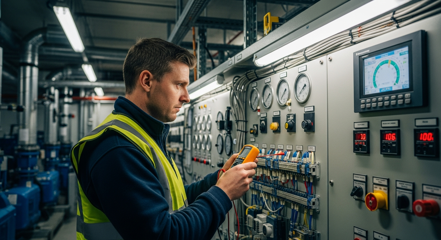 HVAC engineer inspecting industrial drive control panel in London plant room