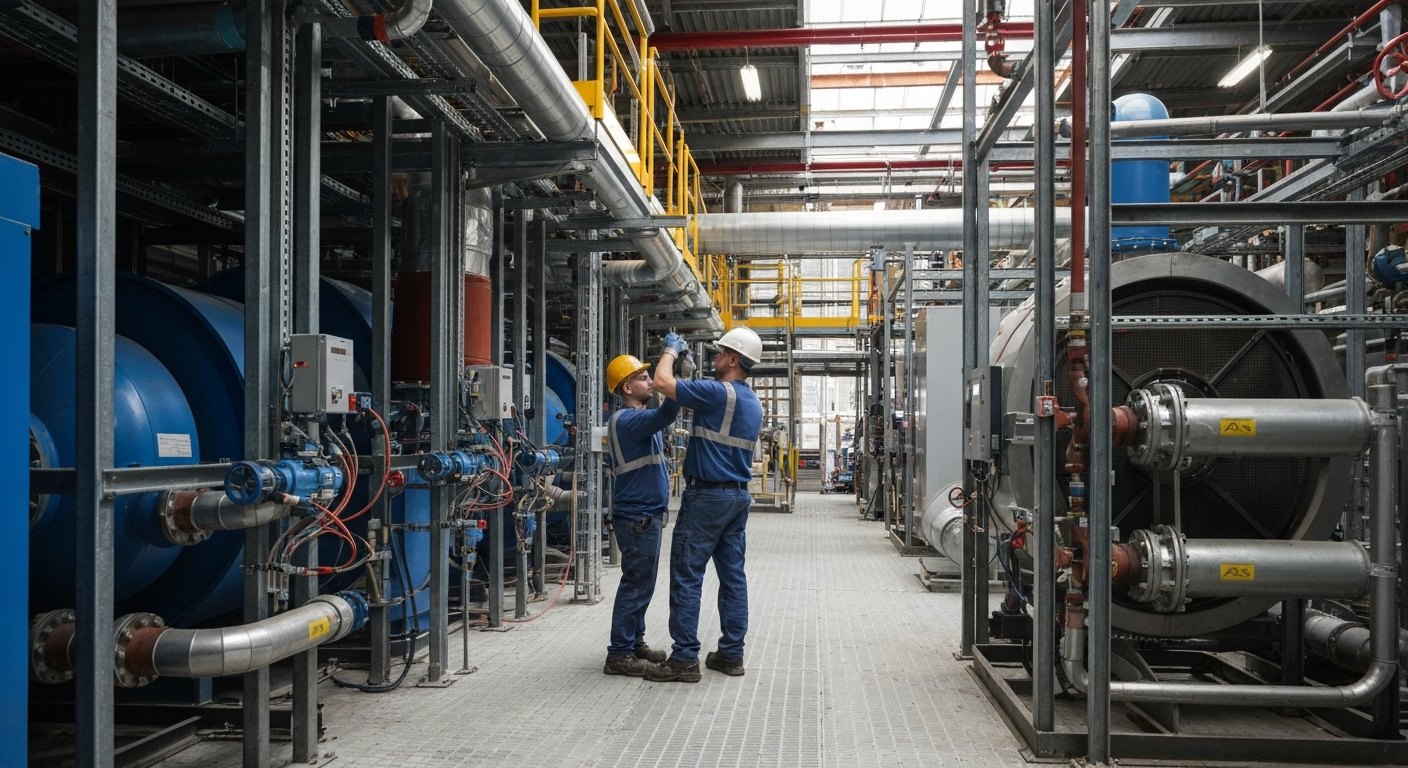 Engineers inspecting industrial plant room on site in Coverage