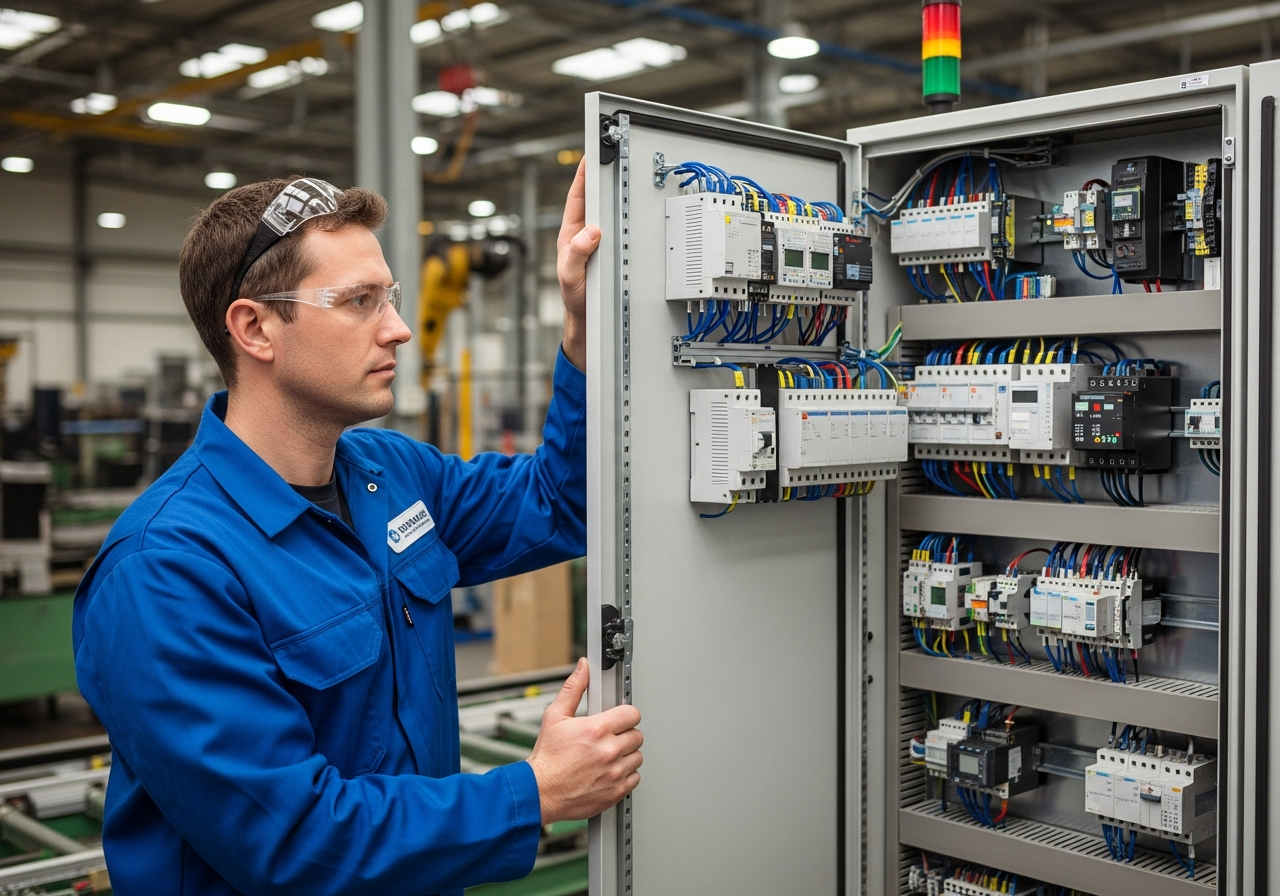 Maintenance engineer inspecting VFD and automation control boards in electrical cabinet