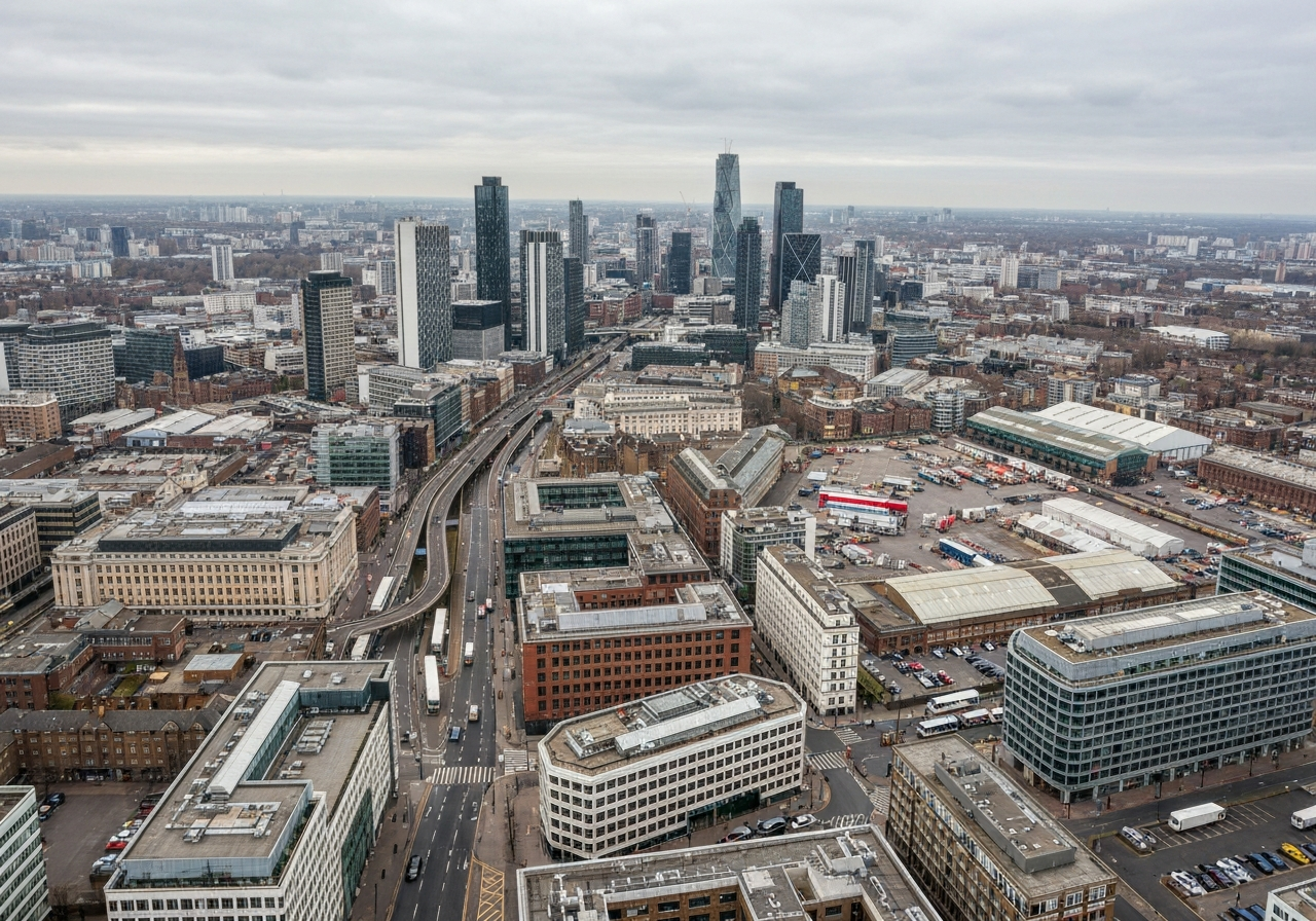 Coverage commercial and industrial district aerial view