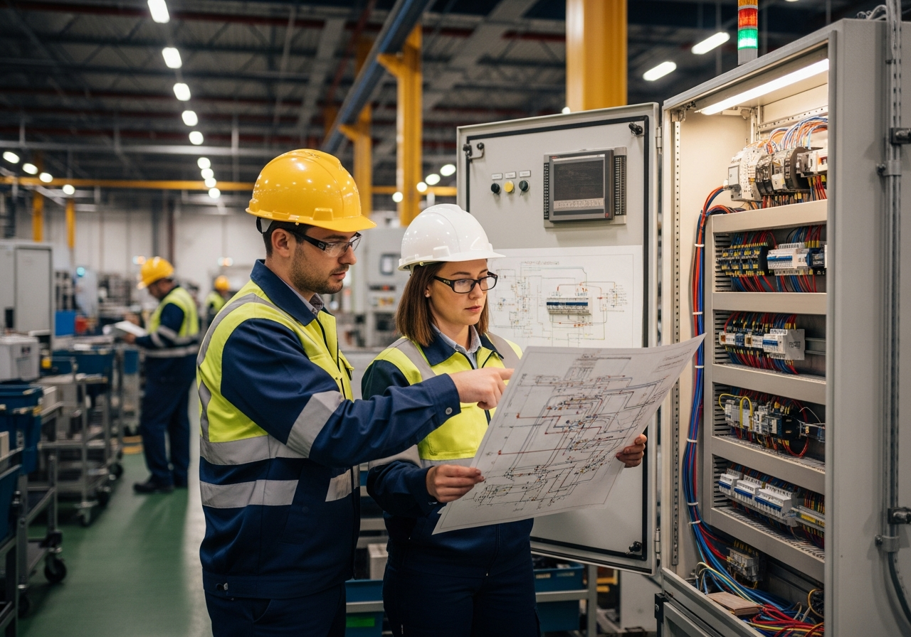 Two industrial engineers reviewing wiring diagrams at an open electrical panel