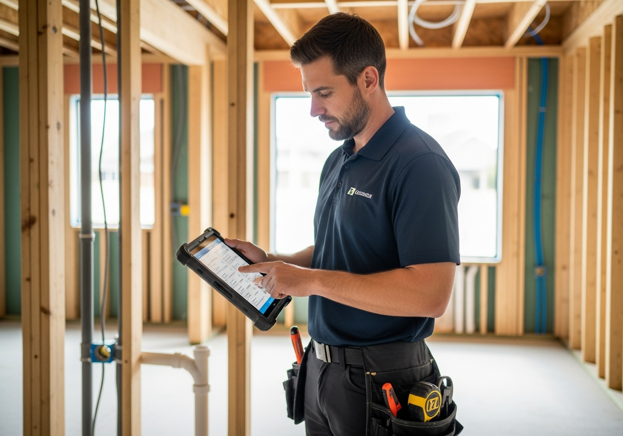 Trade professional using a rugged tablet on a new house build site