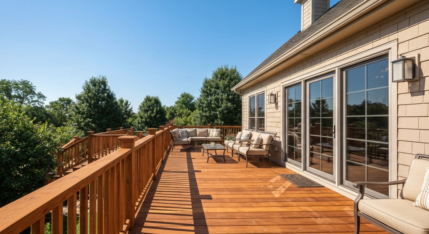 HGTV style elegant stained wood deck with wood railing and cozy furniture in the daytime
