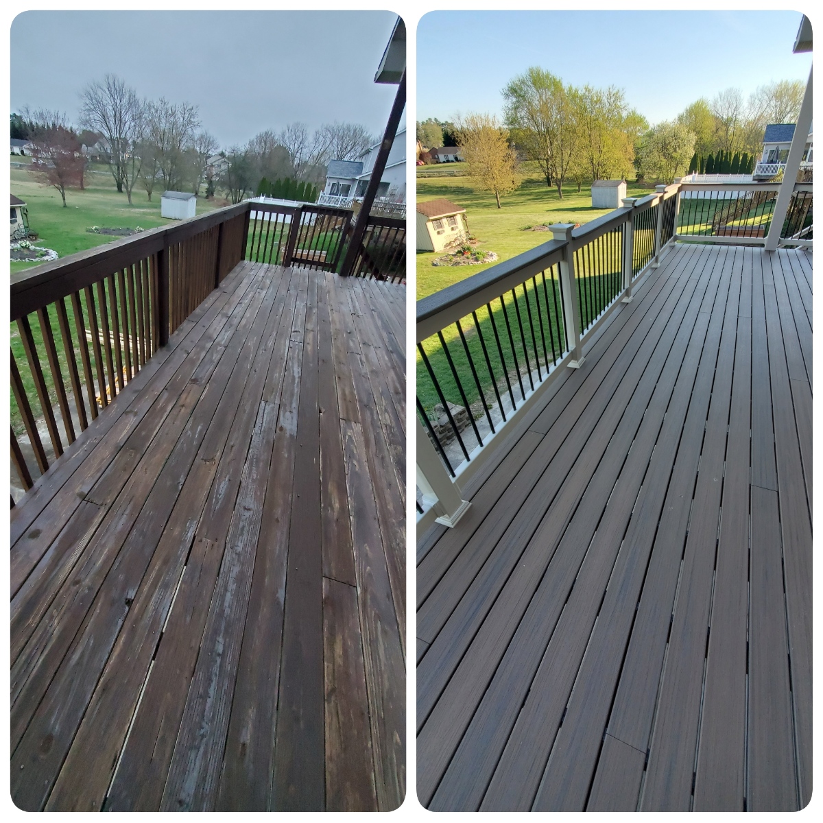 Deck surface transformation before and after showing new composite material