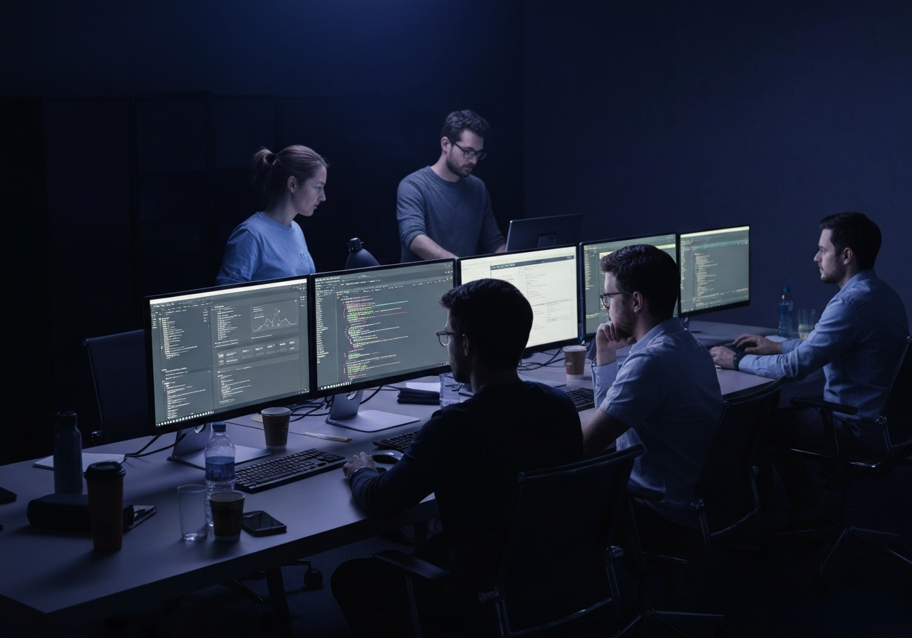 Engineering team collaborating in a modern office environment