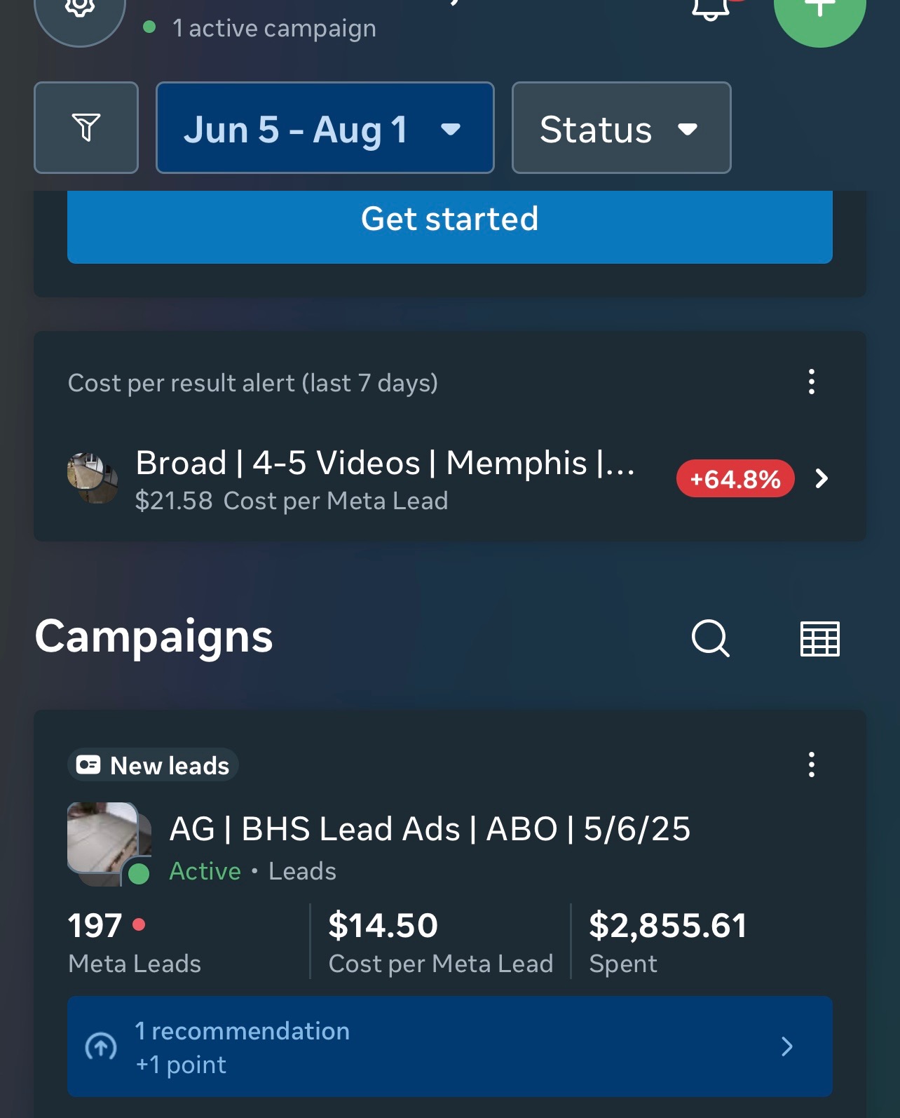Ads manager campaign results
