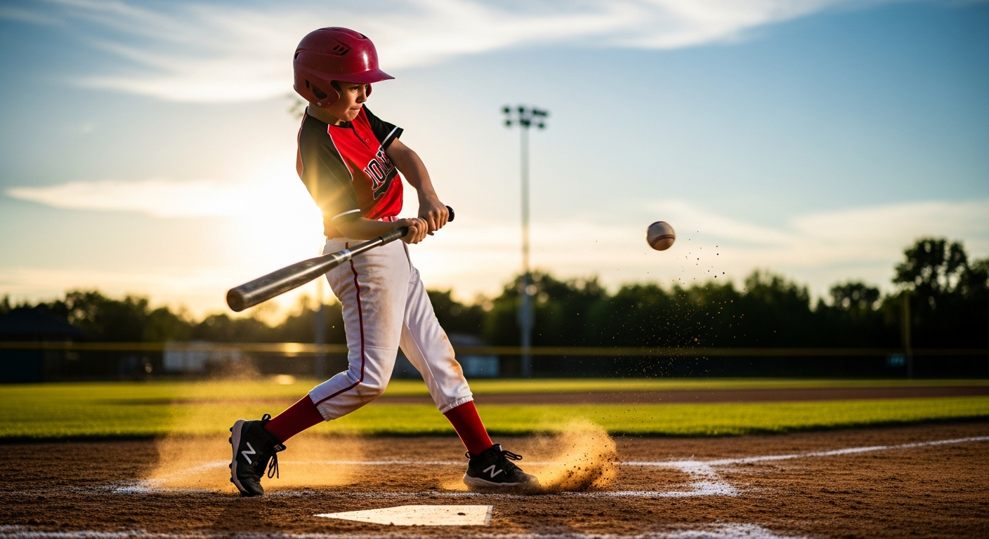 Young baseball player hitting a ball