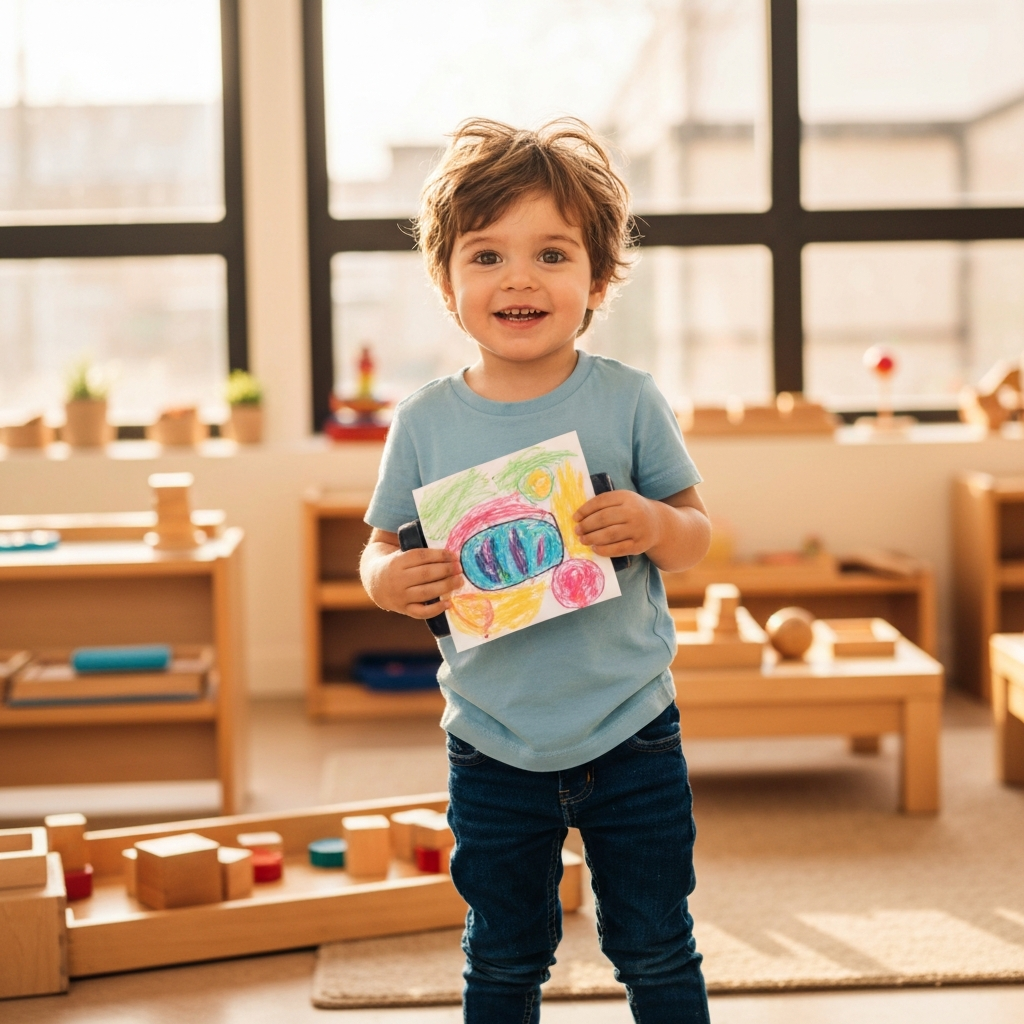 Confident child in Montessori classroom