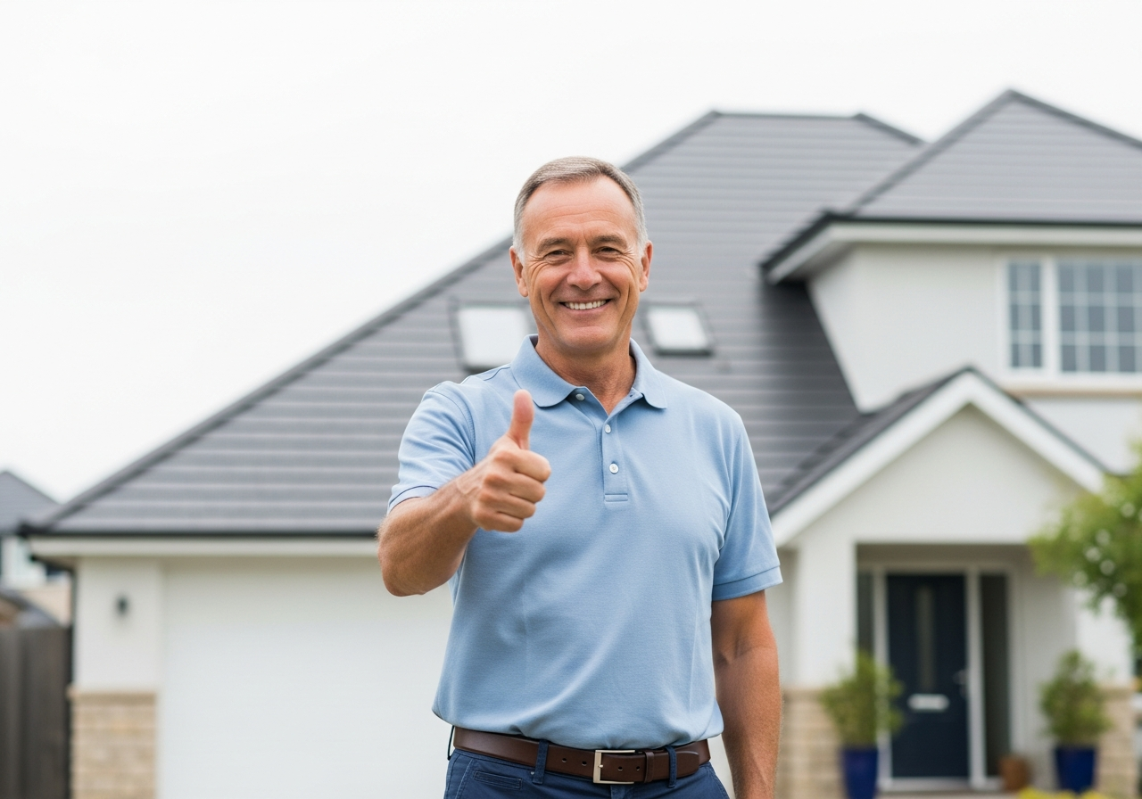 Satisfied homeowner giving thumbs up in front of their freshly watered lawn