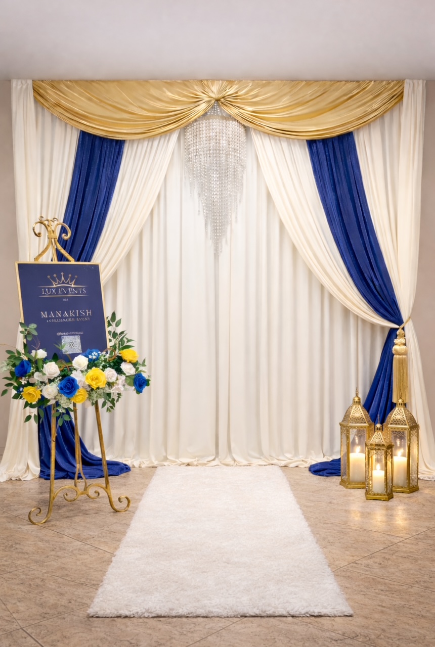 Luxury outdoor proposal setup with balloons and drapery