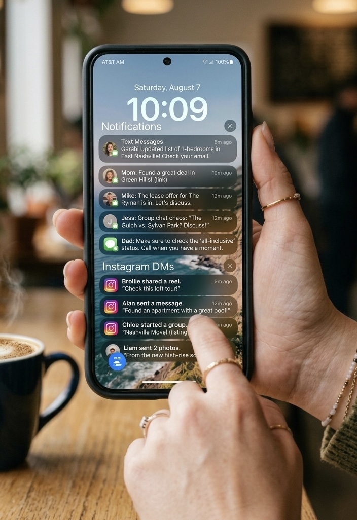 POV holding phone with unread DMs and texts
