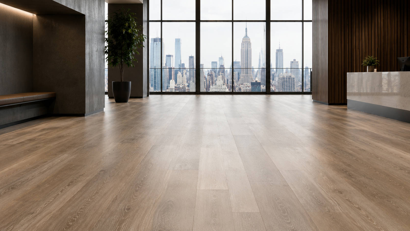 Premium commercial flooring installation in a modern office lobby