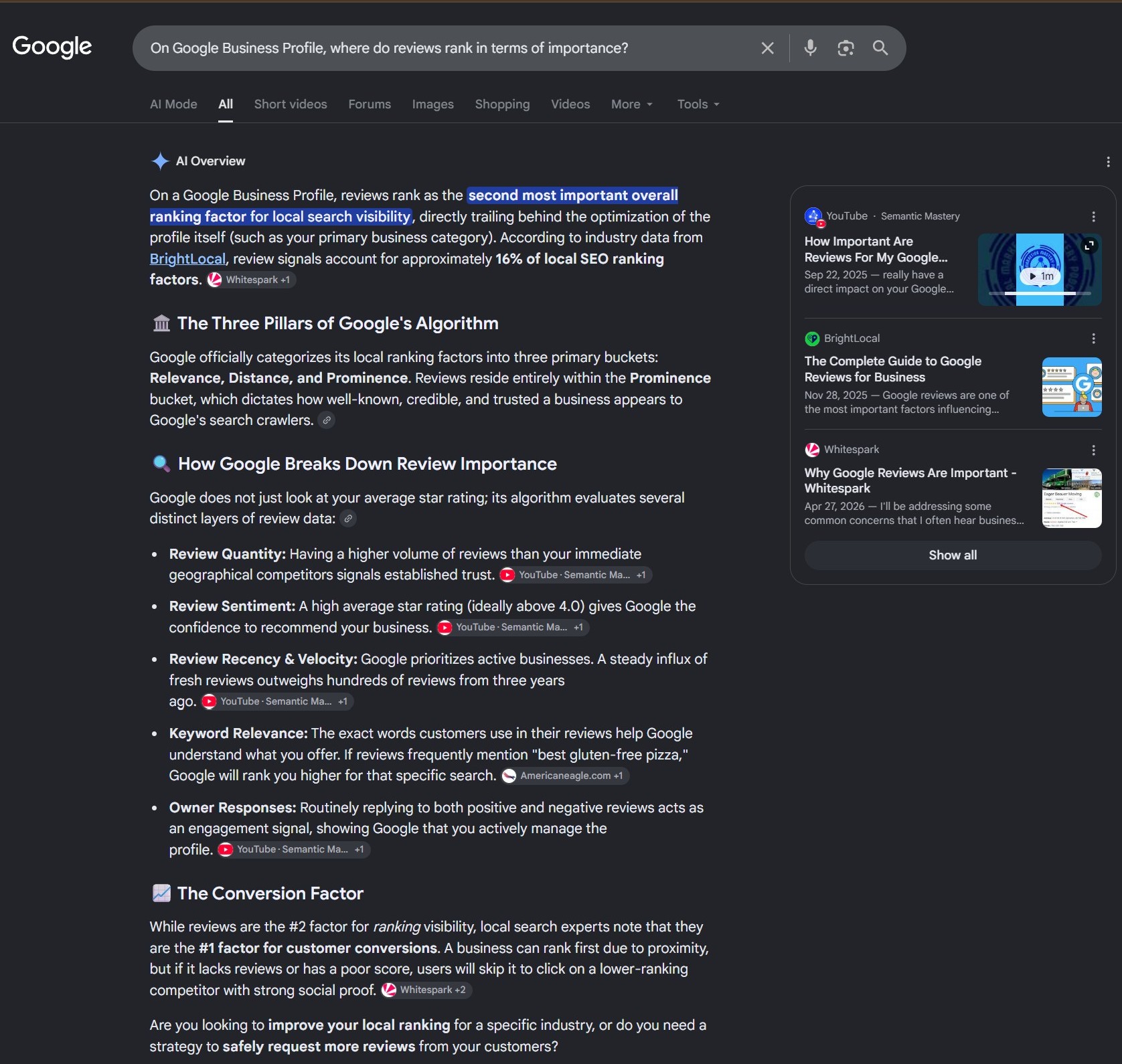 Google AI Overview detailing how reviews rank as a top factor for local search visibility and conversions