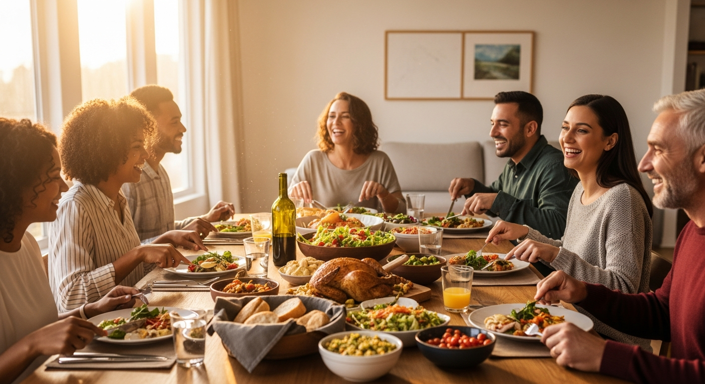 Diverse multi-generational family laughing at dinner