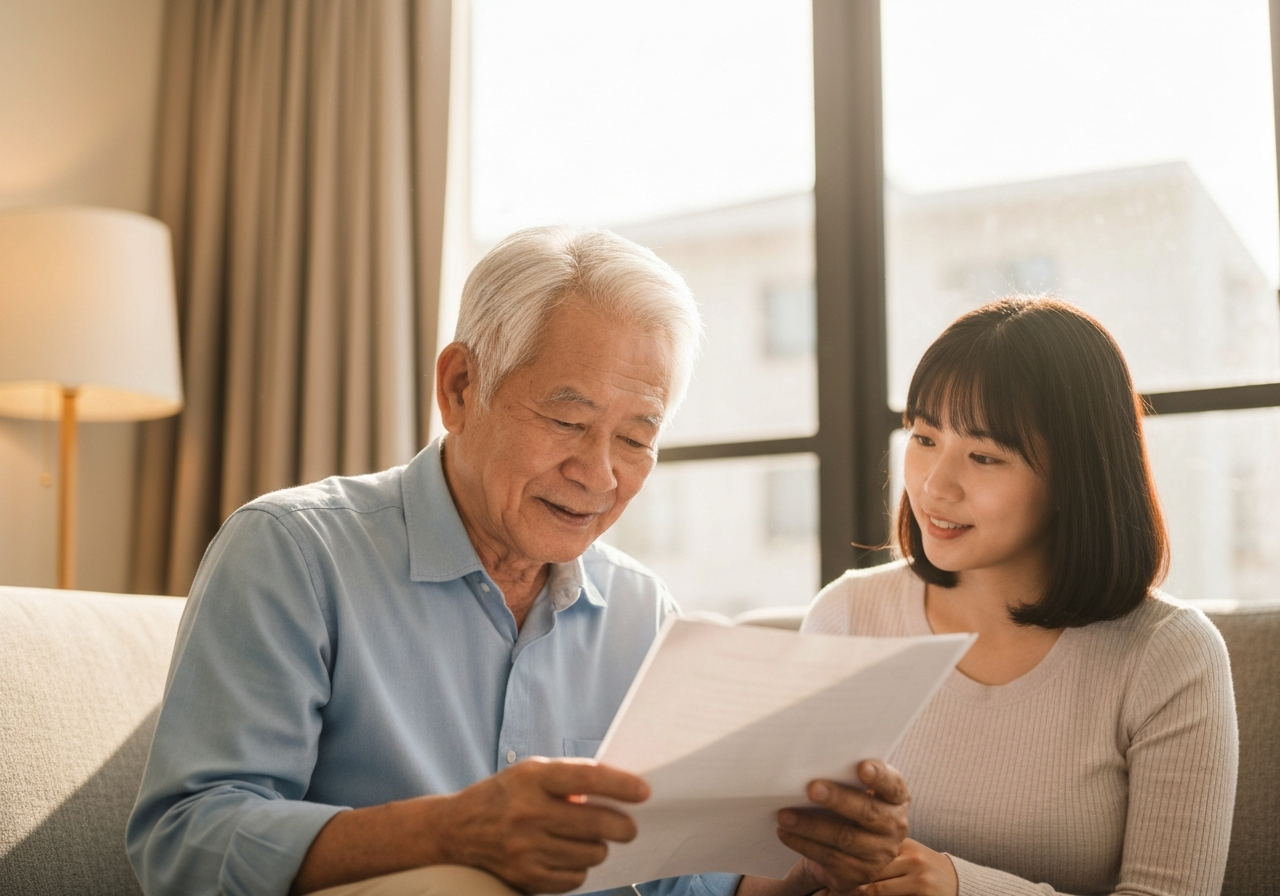 Elderly Asian man with daughter