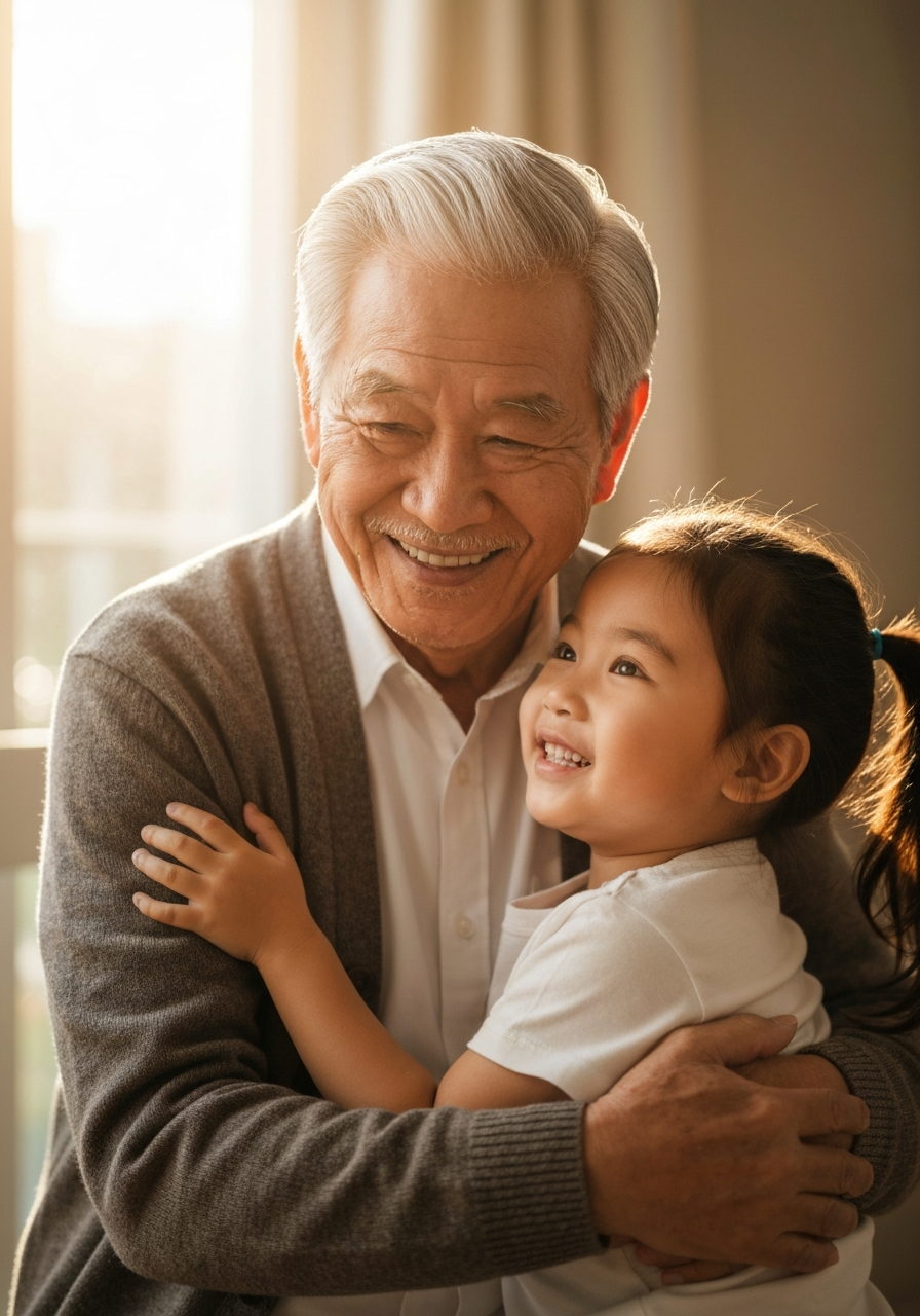Asian grandfather with granddaughter
