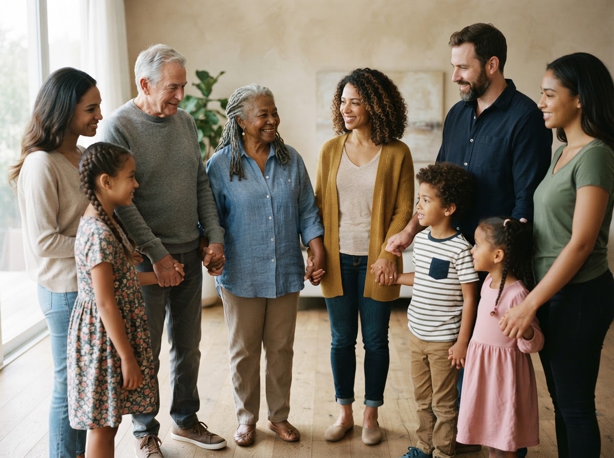 Diverse multi-generational family holding hands together