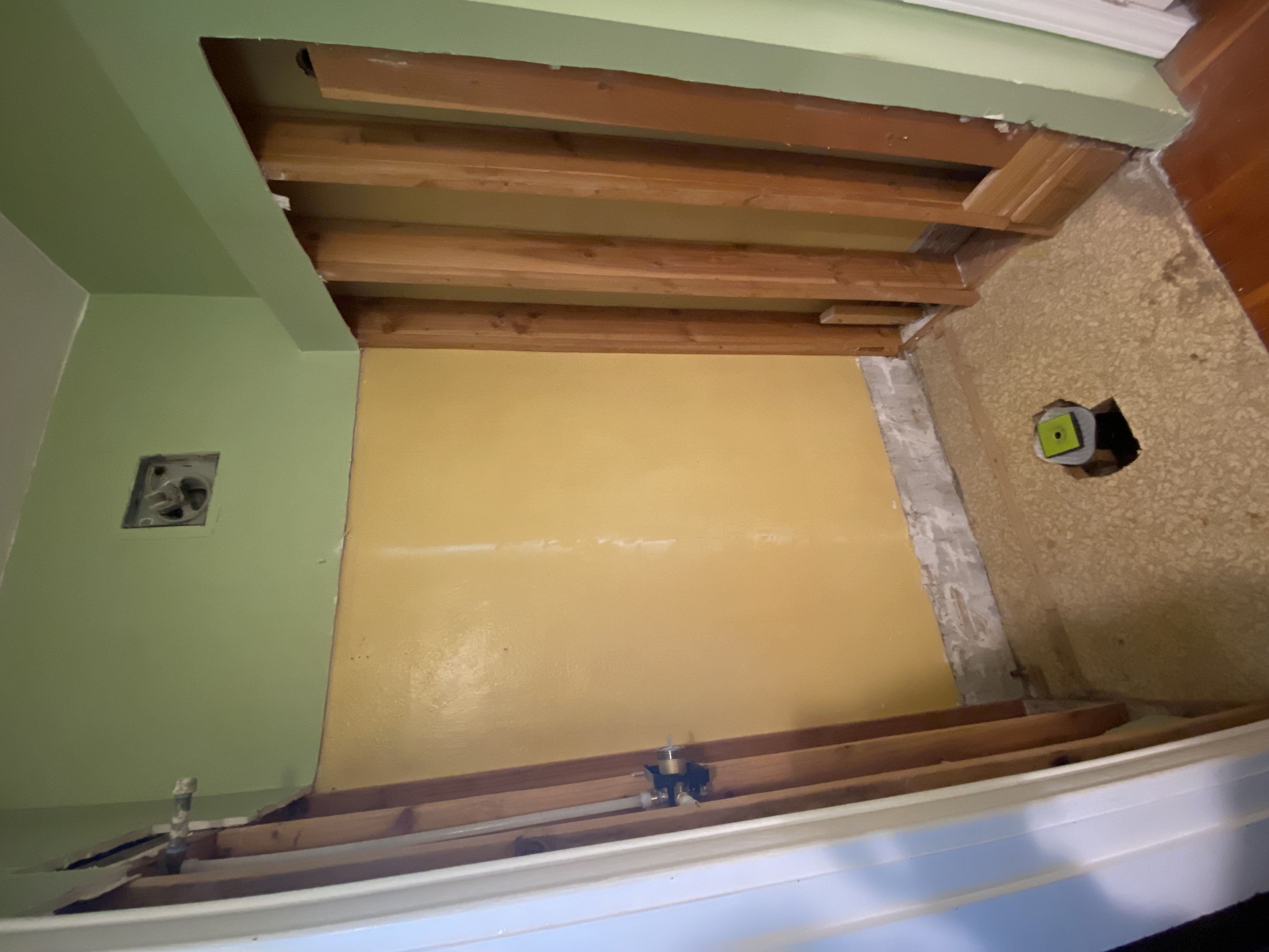 Bathroom during demolition — exposed framing, tub cutout, and old surfaces removed