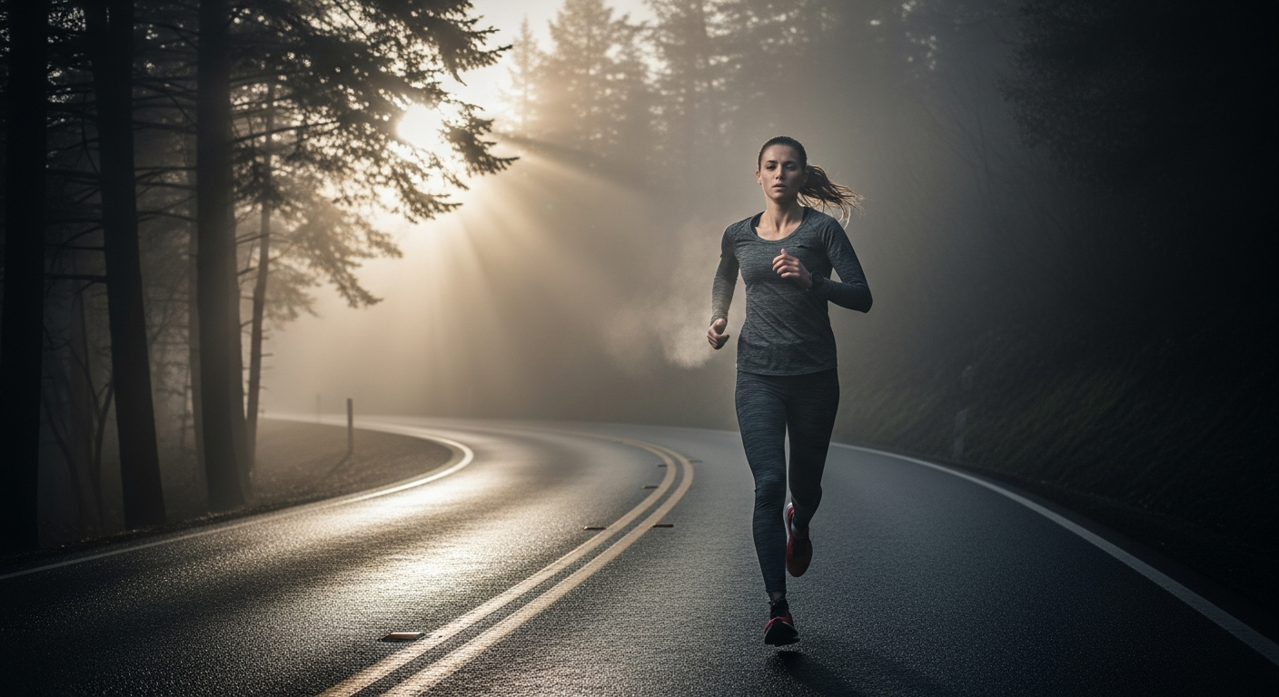 Runner in misty forest