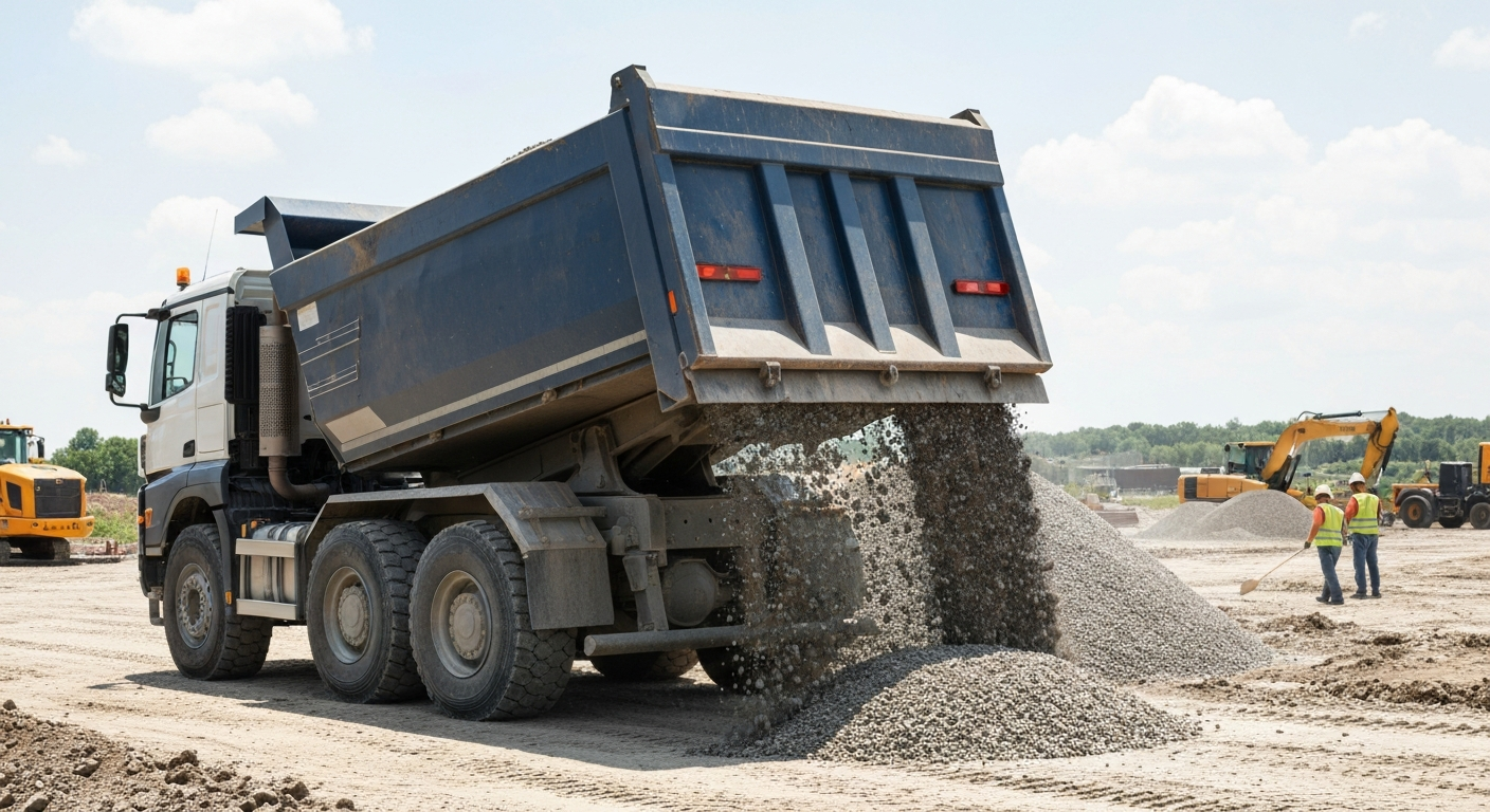 Tipper truck delivering materials on site