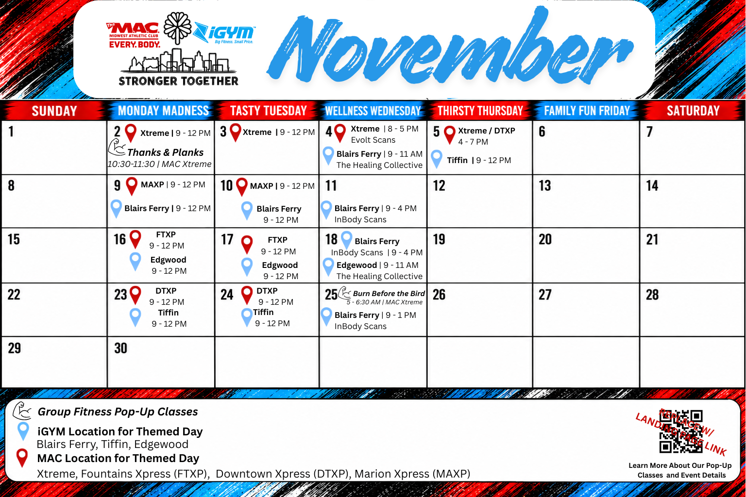 November 2026 Stronger Together Calendar featuring iGYM and The M.A.C. daily themed events and pop-up classes