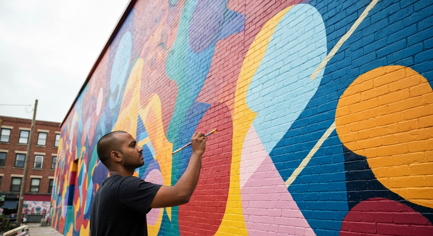 Artist painting a large mural