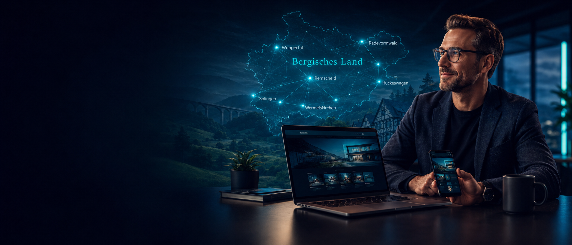 Webdesign Bergisches Land – Moderner Unternehmer mit Laptop und Smartphone, digitale Vernetzungskarte der Region