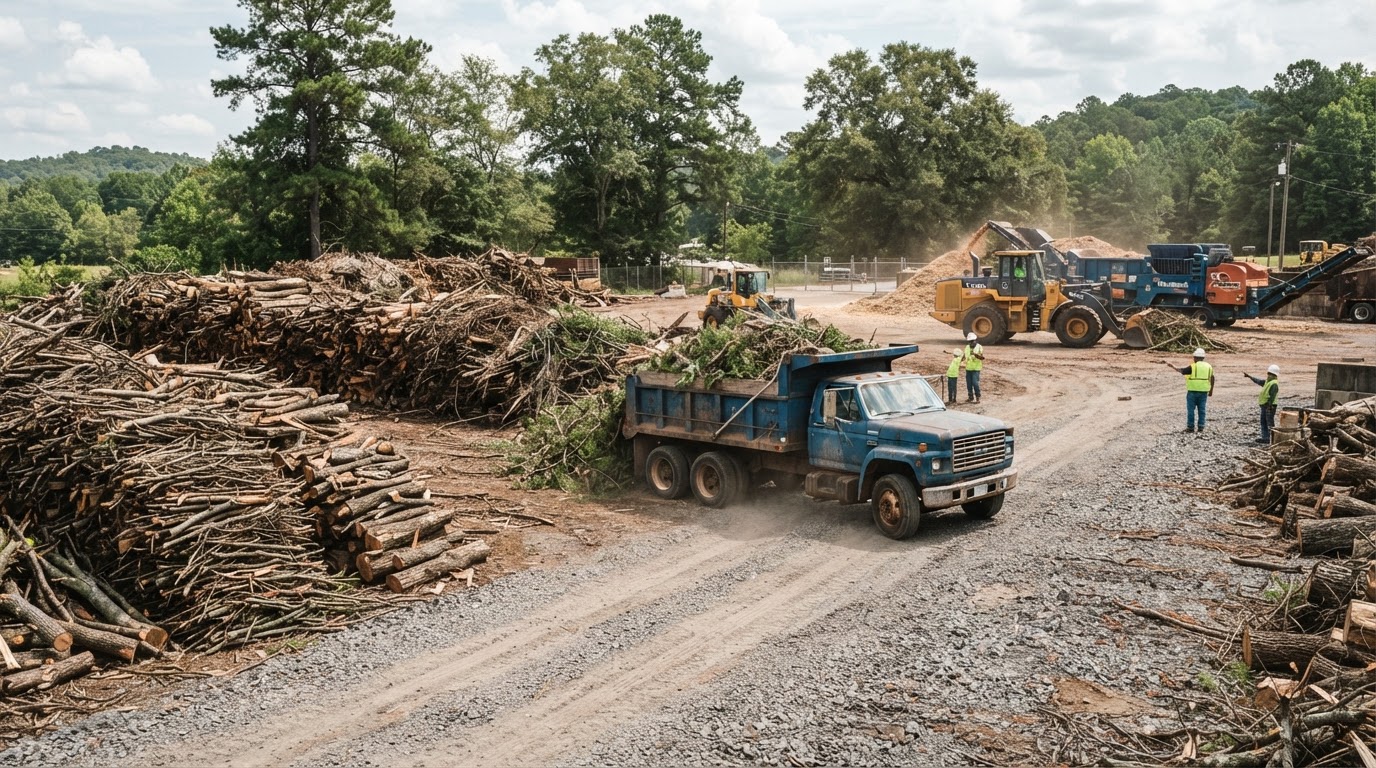 Loaded tree-service truck arriving at the GreenForce recycling yard