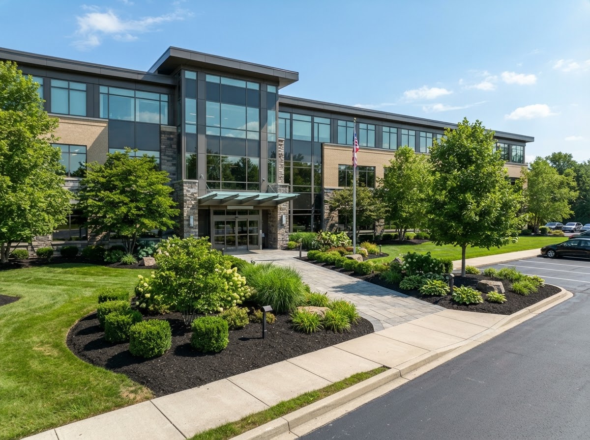 Commercial landscape finished with brown mulch