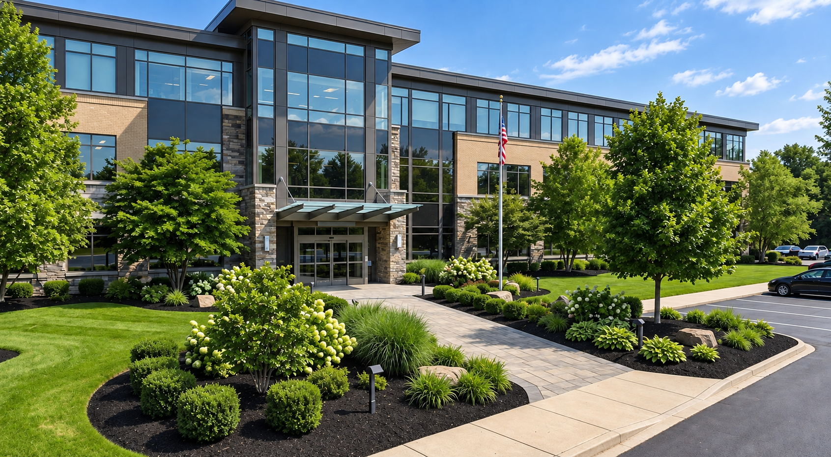 Commercial property landscape with premium black dyed mulch