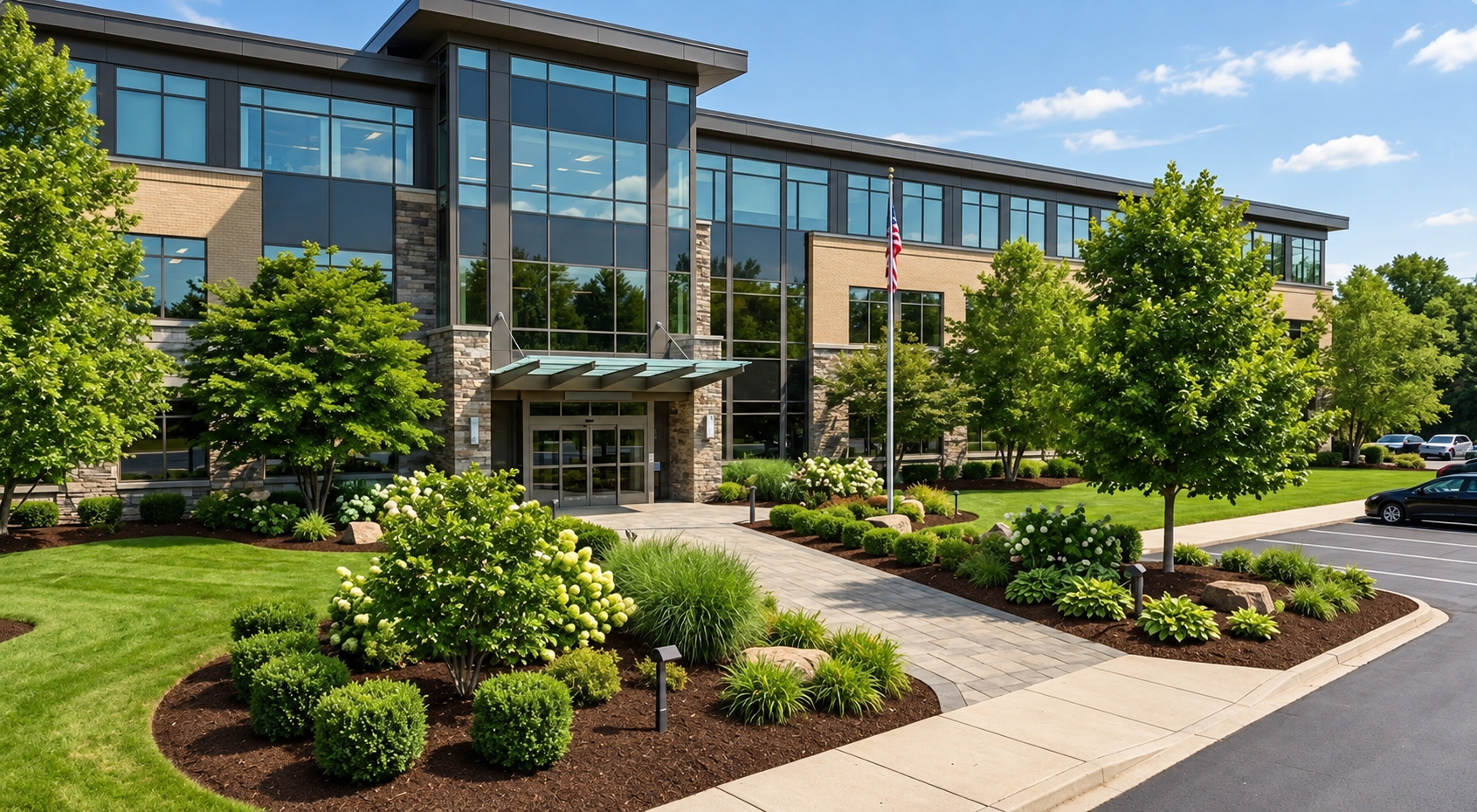 Commercial property landscape with premium natural brown mulch
