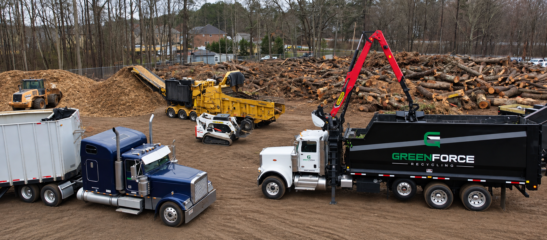 Professional tree-service and contractor trucks at the GreenForce recycling yard