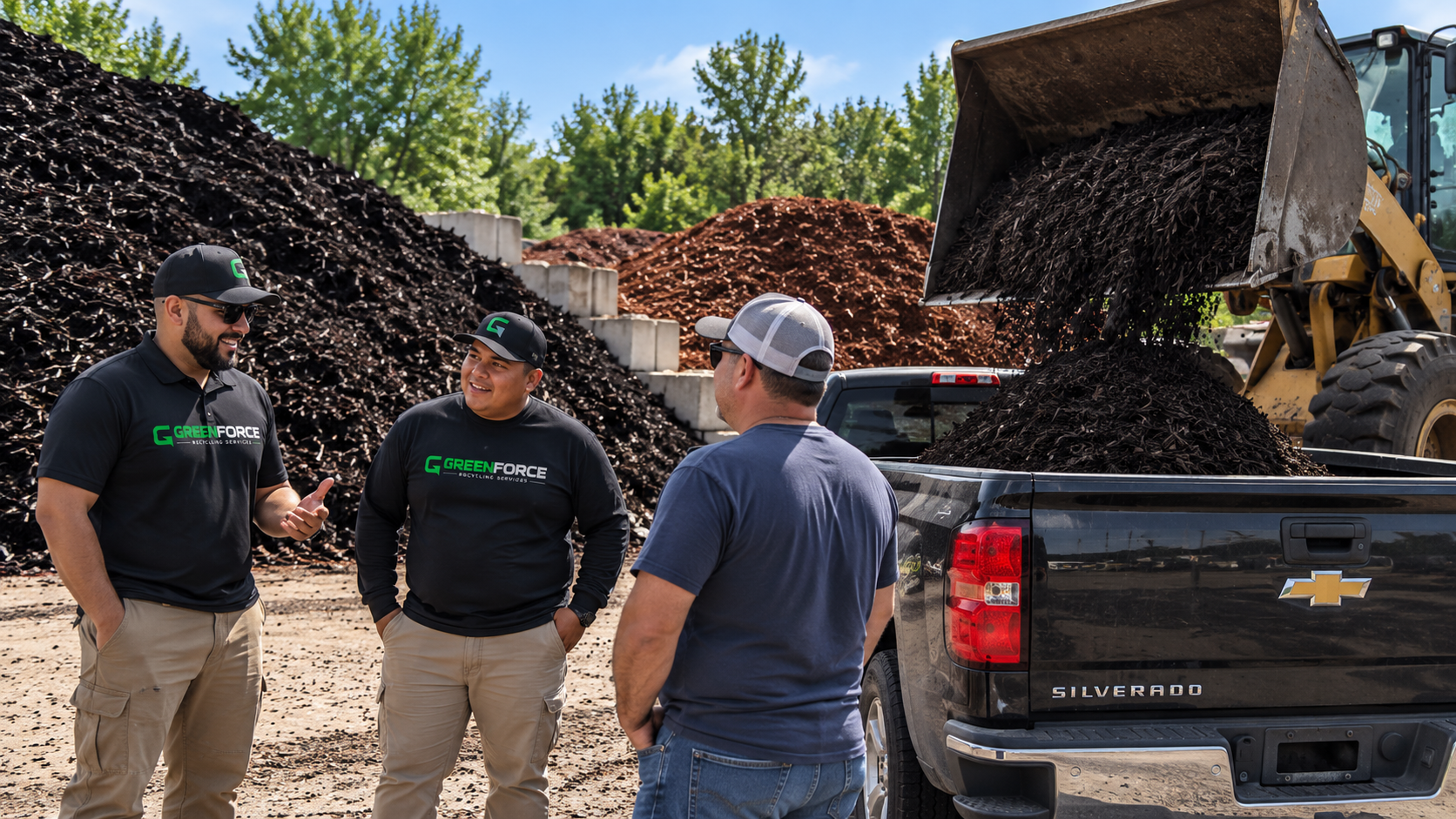 GreenForce team talking with customer while loader fills truck with premium mulch