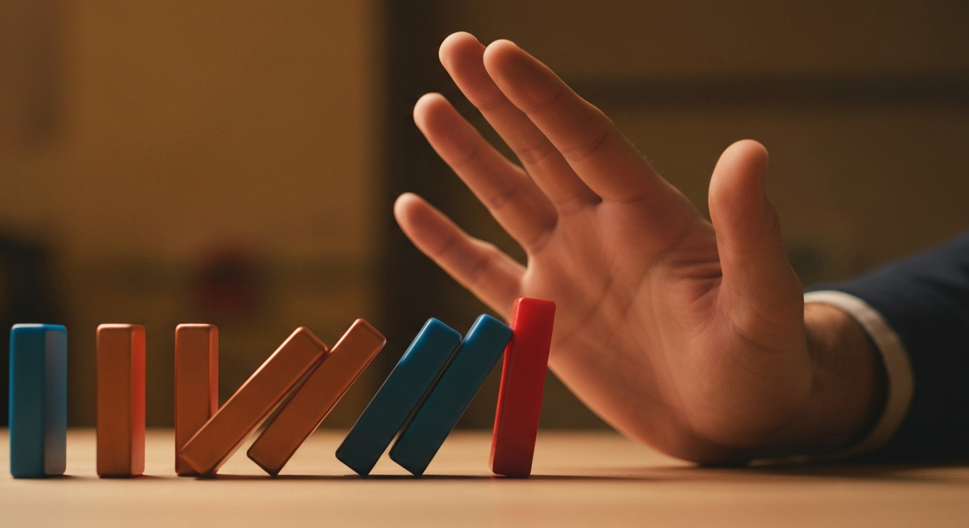 Hand stoppt eine Domino-Kette, ein Neustart beginnt