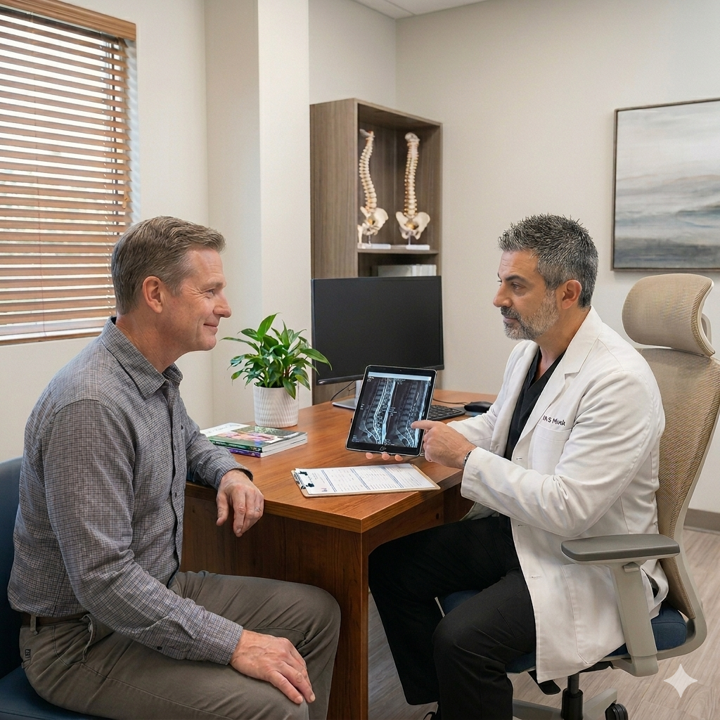 Médico revisando una resonancia magnética con un paciente en Orlando