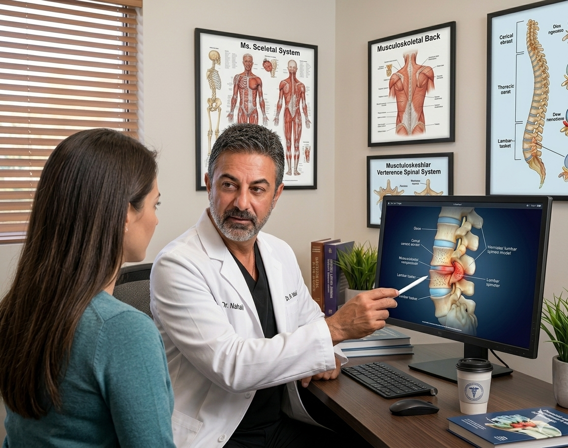 Dr. David Nahali explicando un modelo de hernia discal a un paciente en Orlando
