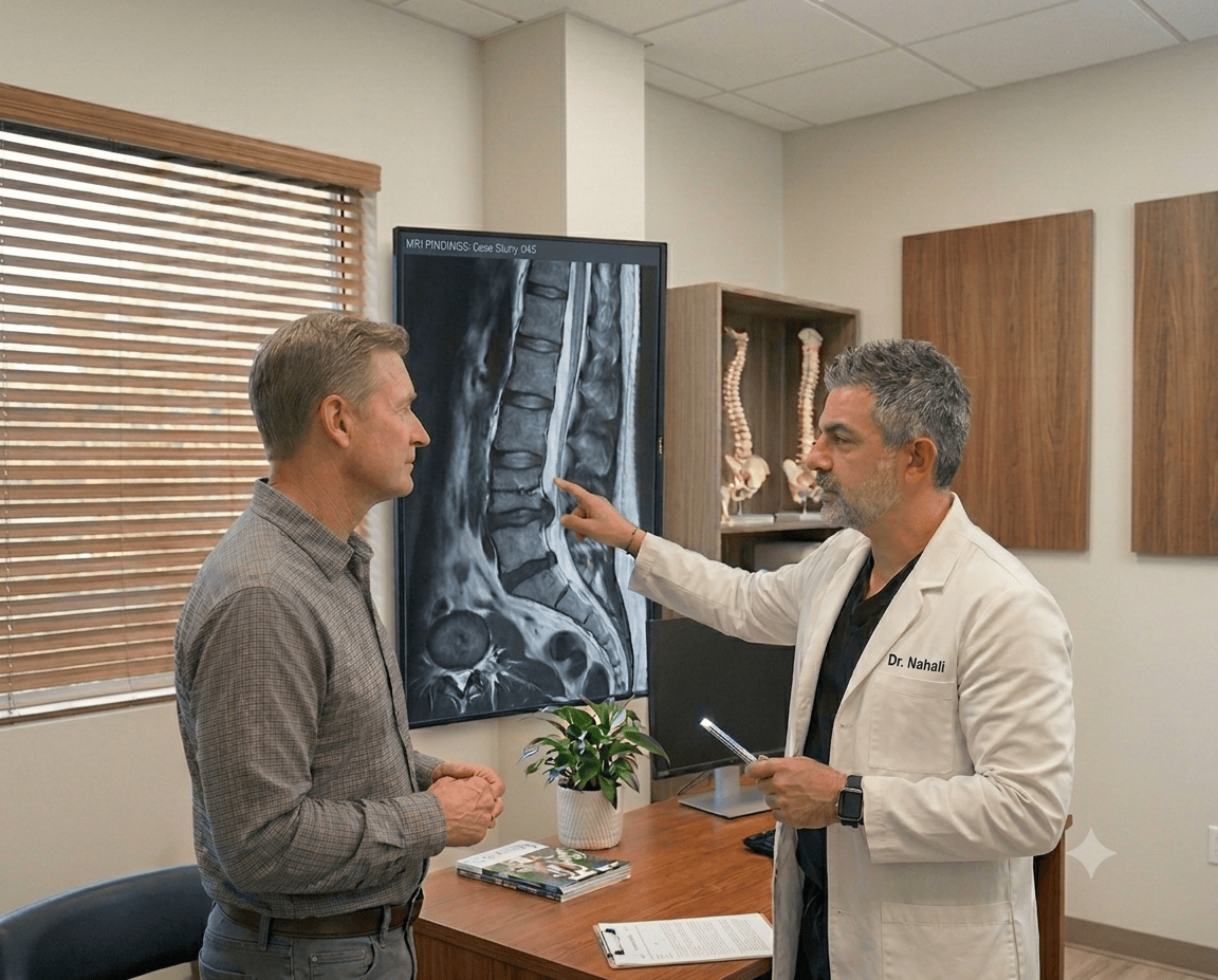 Dr. Nahali revisando una resonancia magnética con un paciente en Orlando