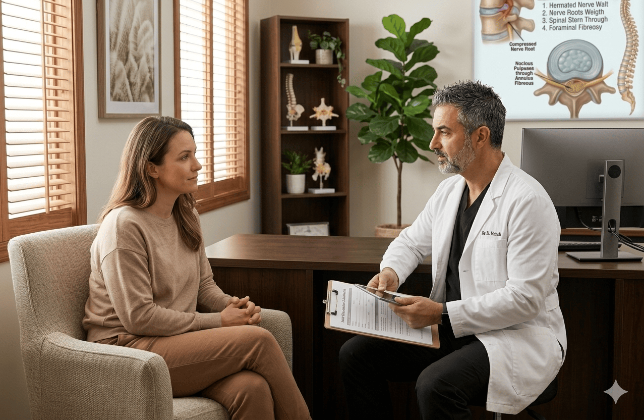 Dr. Nahali reviewing MRI findings with a patient during a candidate evaluation