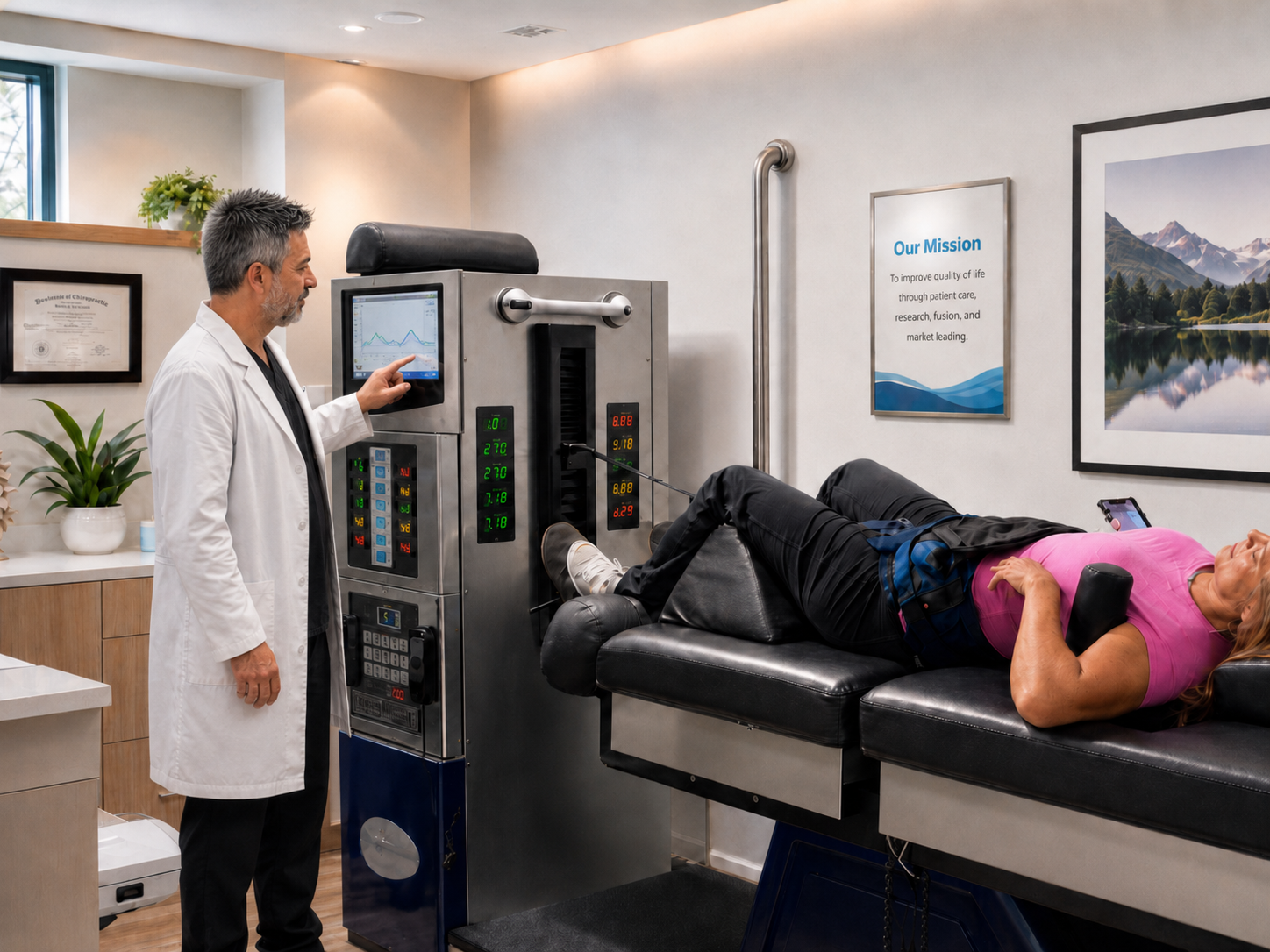 Dr. David Nahali in white lab coat with patient receiving DRX9000 spinal decompression treatment at SpinalAid Disc Center