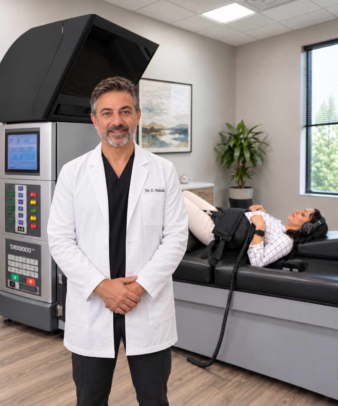 Dr. David Nahali in white lab coat with patient receiving DRX9000 spinal decompression treatment at SpinalAid Disc Center
