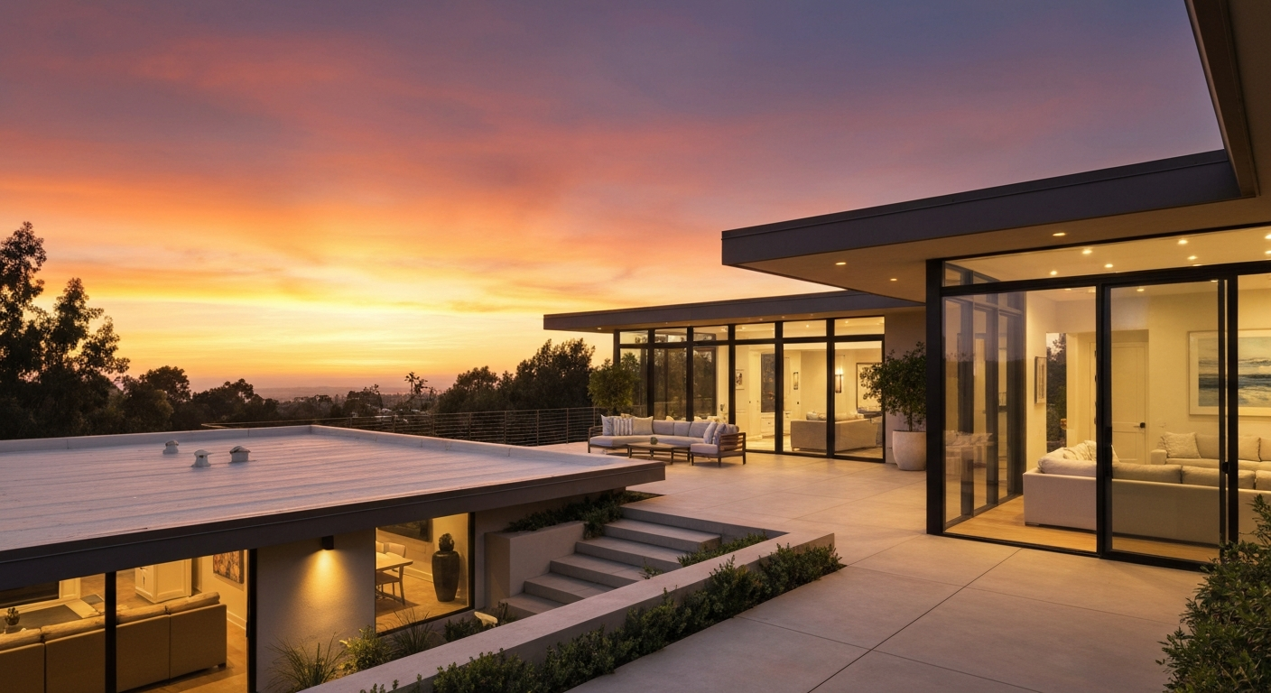 Beautiful Southern California home exterior at sunset