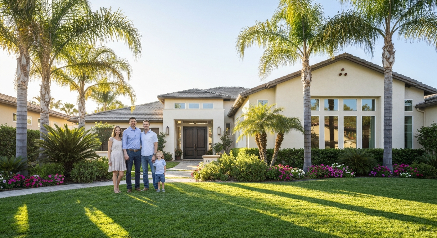 Happy family in front of new home