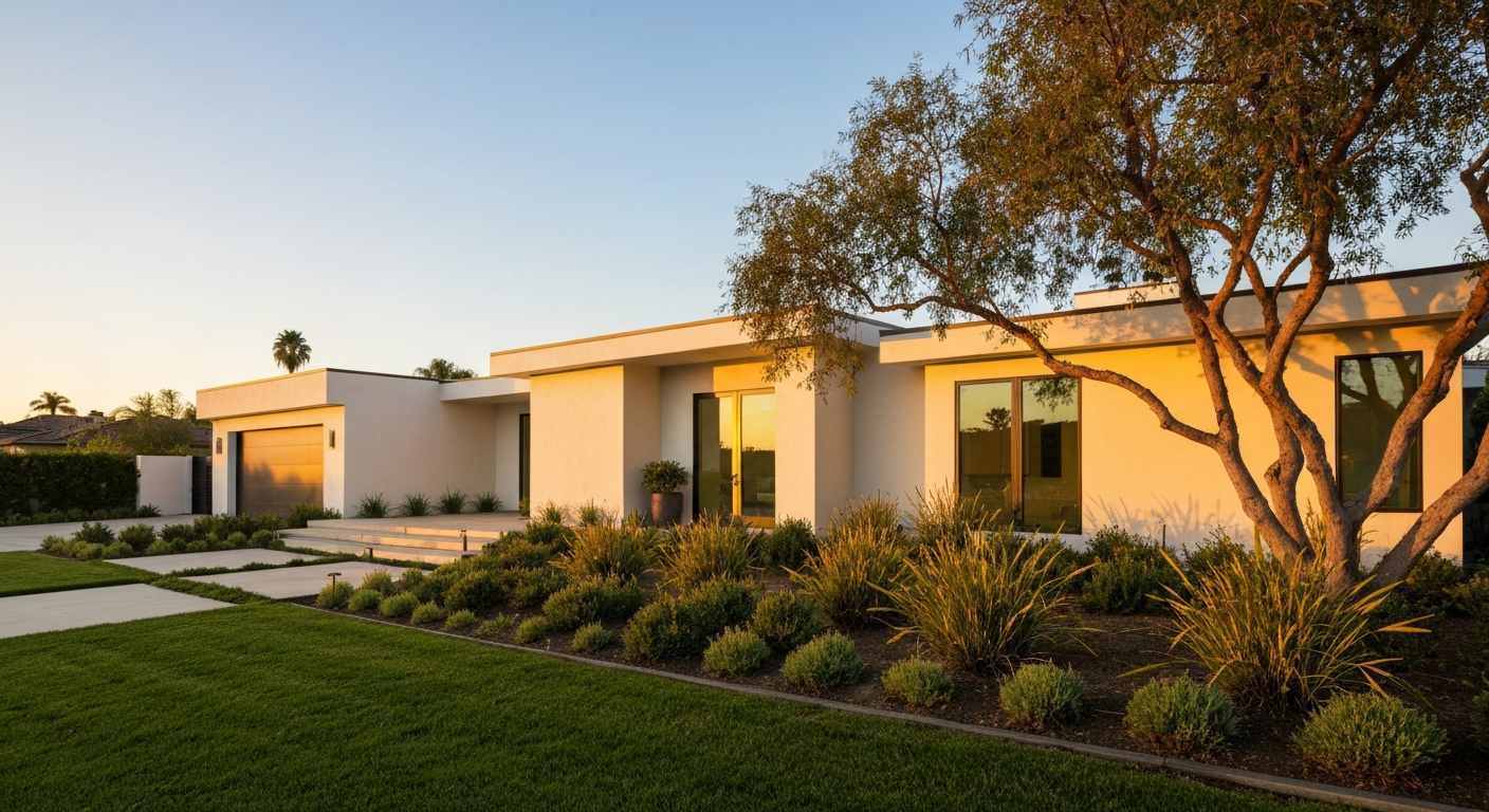 Beautiful Southern California home exterior at golden hour